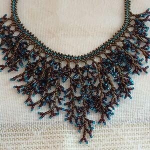 Vintage Mermaid Beaded Metallic Necklace Blue Black Coral Choker Jewelry